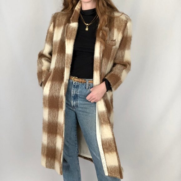 Stunning Vintage Plaid Mohair Wool Long Oversized Trench Shacket Jacket Pea Coat - Picture 7 of 10